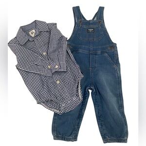 OshKosh B'gosh Overalls & Bodysuit Set Baby 18M Blue Denim Gingham 2pc
